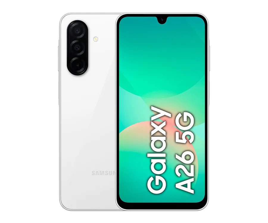 Samsung Galaxy A26 5G në ngjyrën e bardhë, pamje nga pas dhe nga para