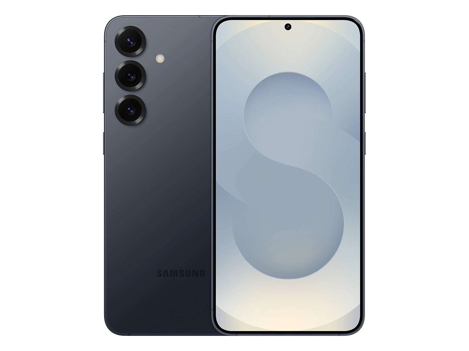 Samsung Galaxy S25 në ngjyrën blu e errët, pamje nga pas dhe nga para