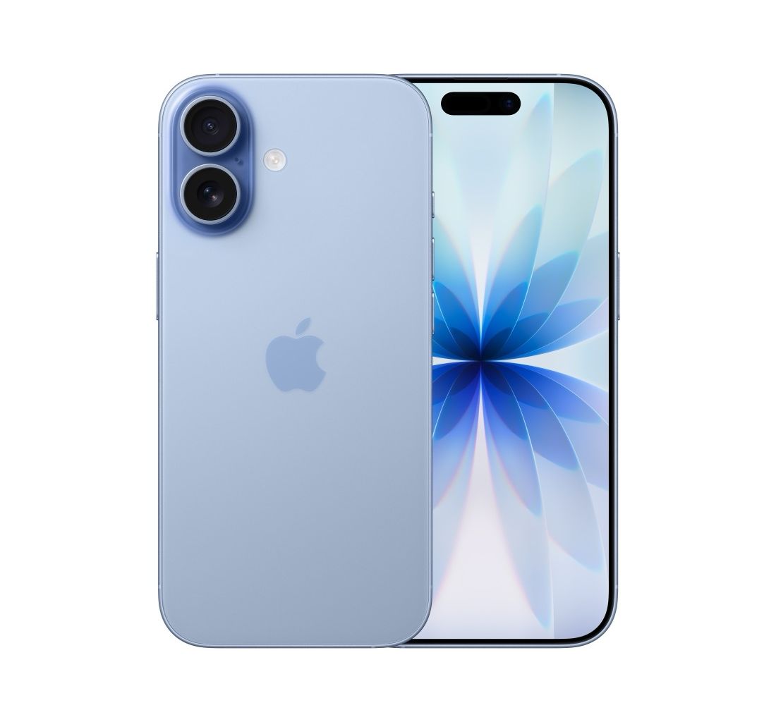 iPhone 17 në ngjyrën blu e mjegullt, pamje nga pas dhe nga para