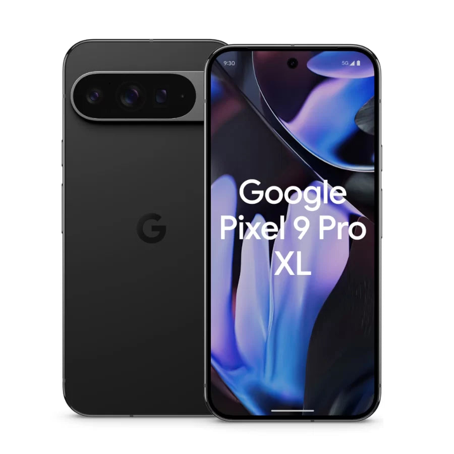 Google Pixel 9 Pro XL në ngjyrën obsidian, pamje nga pas dhe nga para