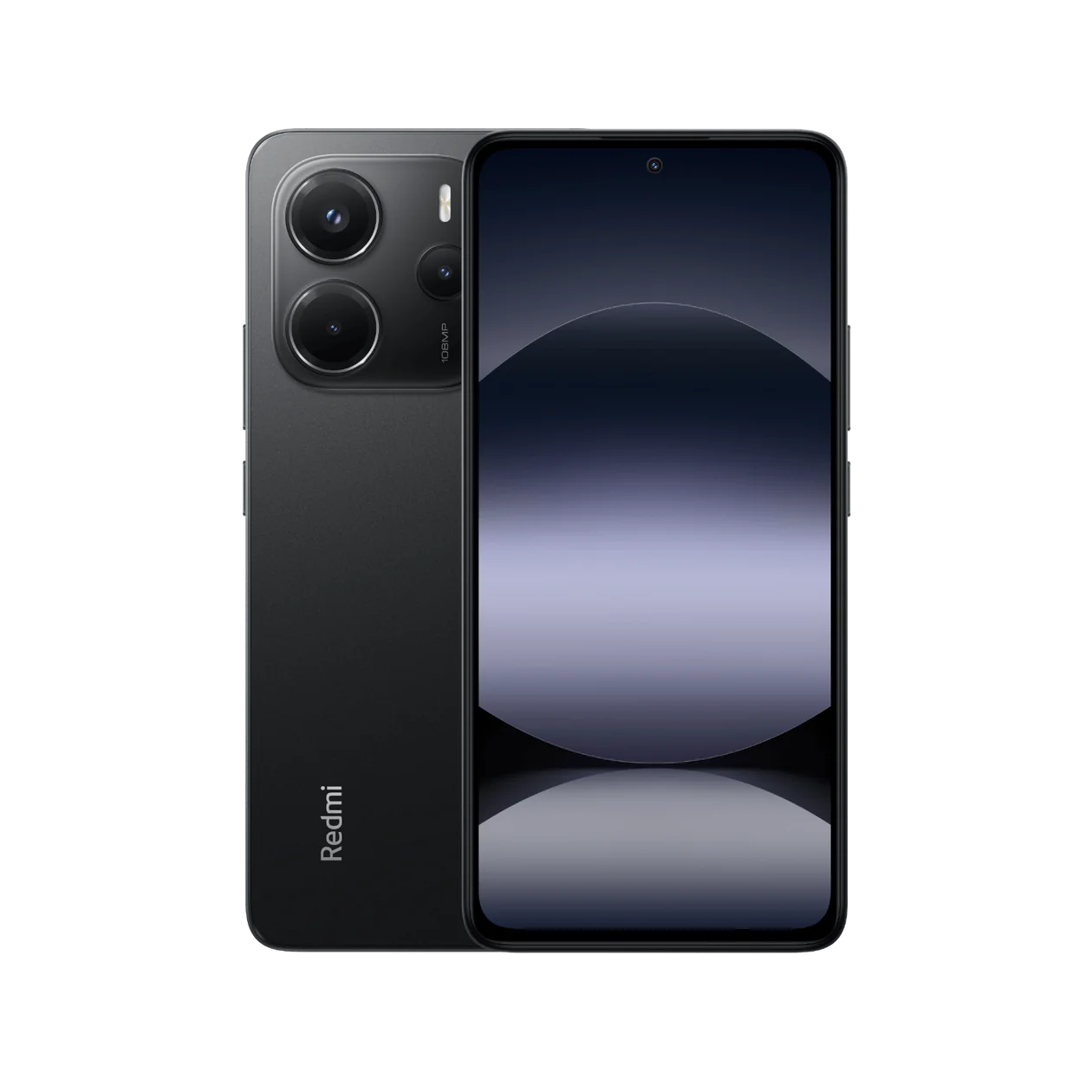 Xiaomi Redmi Note 14 në ngjyrën e zezë, pamje nga pas dhe nga para